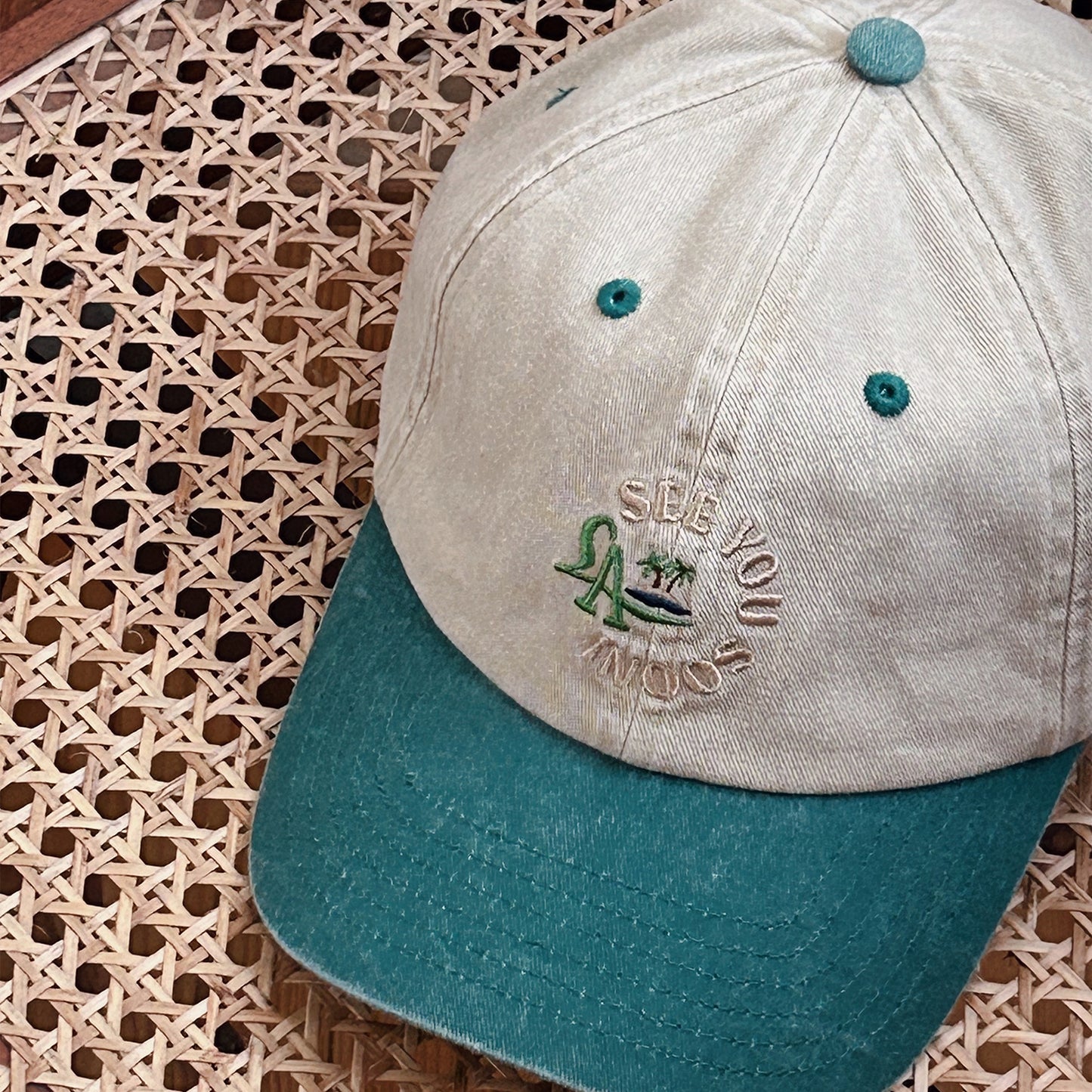 SEE YOU SOON cap in washed khaki/teal